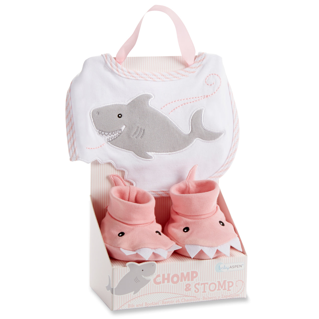 Chomp & Gift (Pink) Aspen Stomp – Booties | & Bib Shark Baby Baby Set Aspen Gifts Baby Gifts